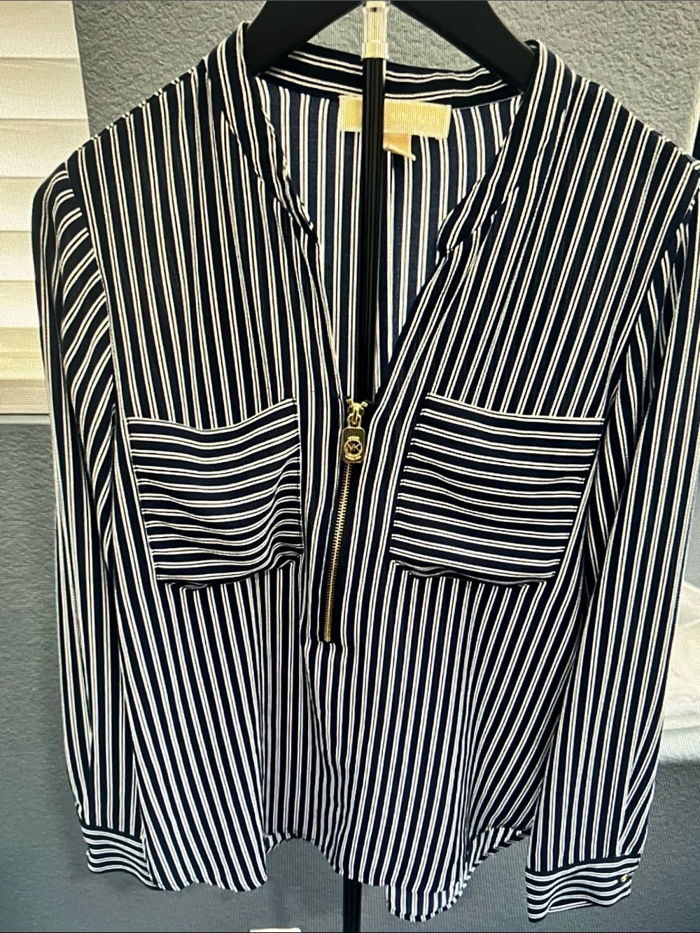 Michael Kors Navy and White Striped Zip-Front Blouse